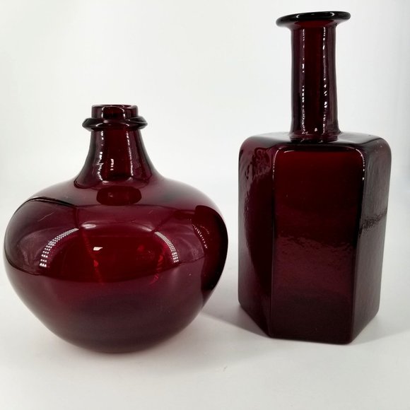 Hand Blown Glass Vase Red Ruby Studio Art Heavy Bud Vase Jug Pair Biomorphic MCM